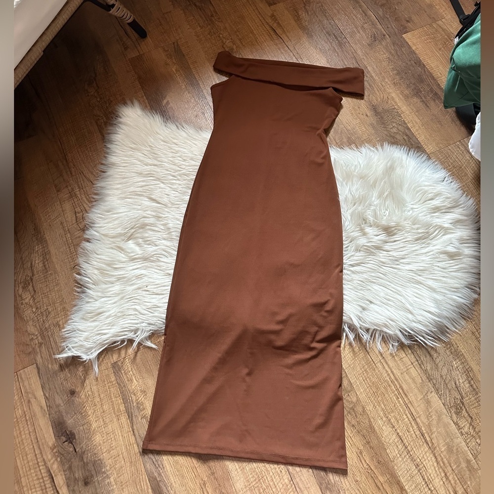 ZARA Asymmetrical Neck Midi Dress In Brown - Picture 2 of 4
